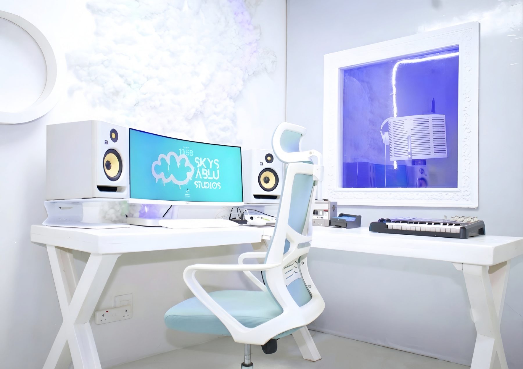 Recording studio with a framed vocal booth window
